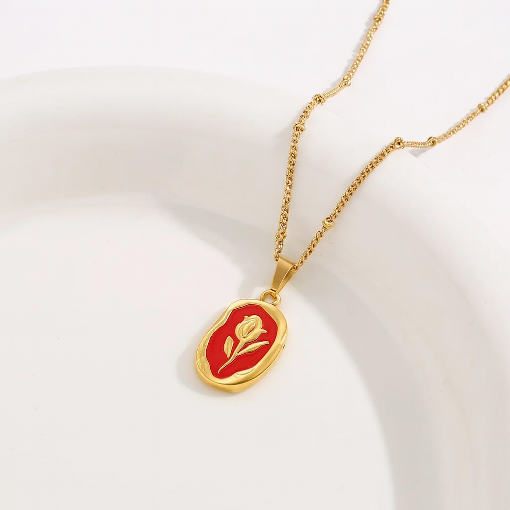 Golden Bloom Pendant Necklace: Enamel with Delicate Rose