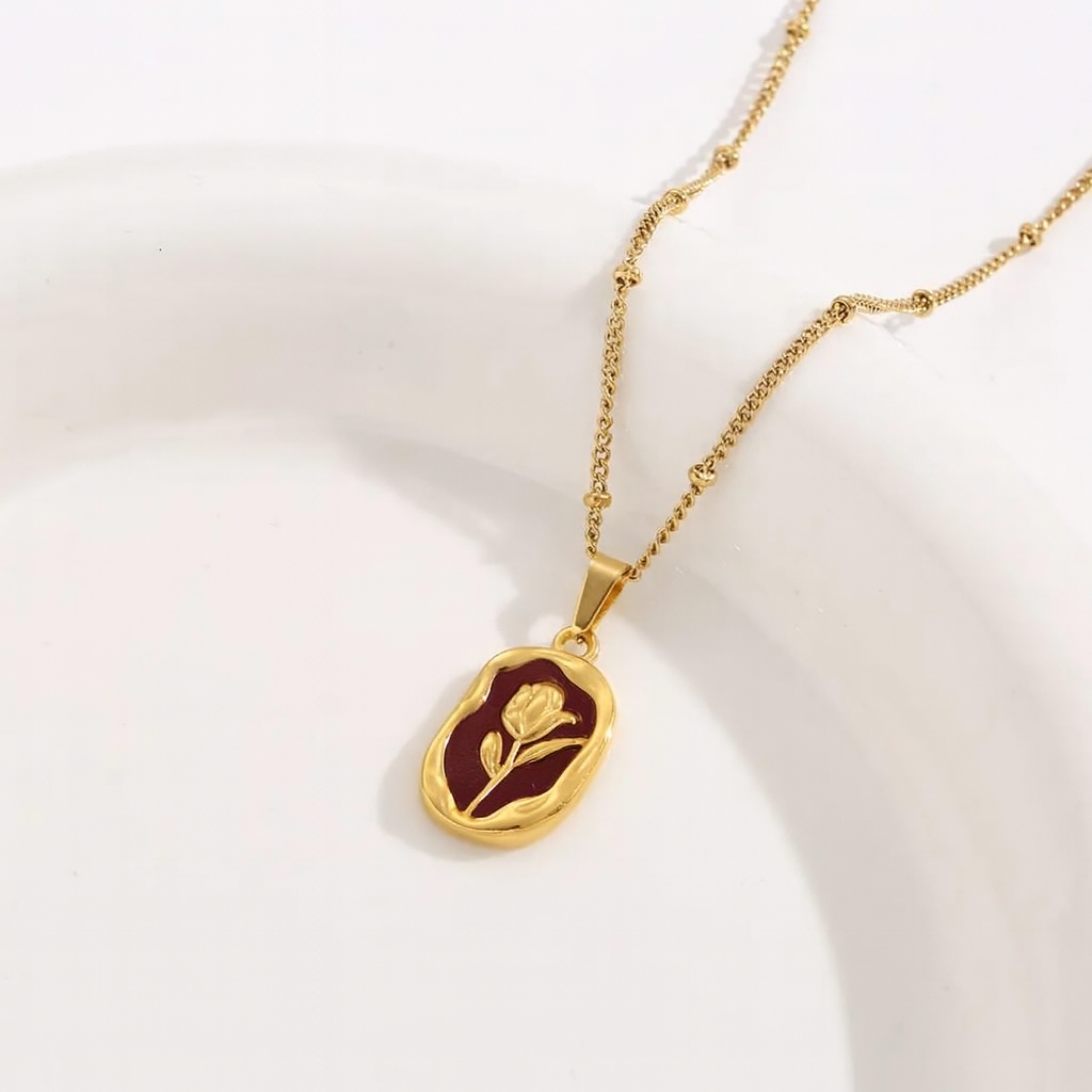 Golden Bloom Pendant Necklace: Enamel with Delicate Rose
