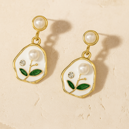 Golden Enamel Floral Pearl Drop Earrings