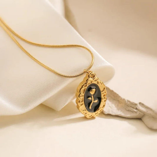 Golden Bloom Pendant Necklace: Enamel with Delicate Rose